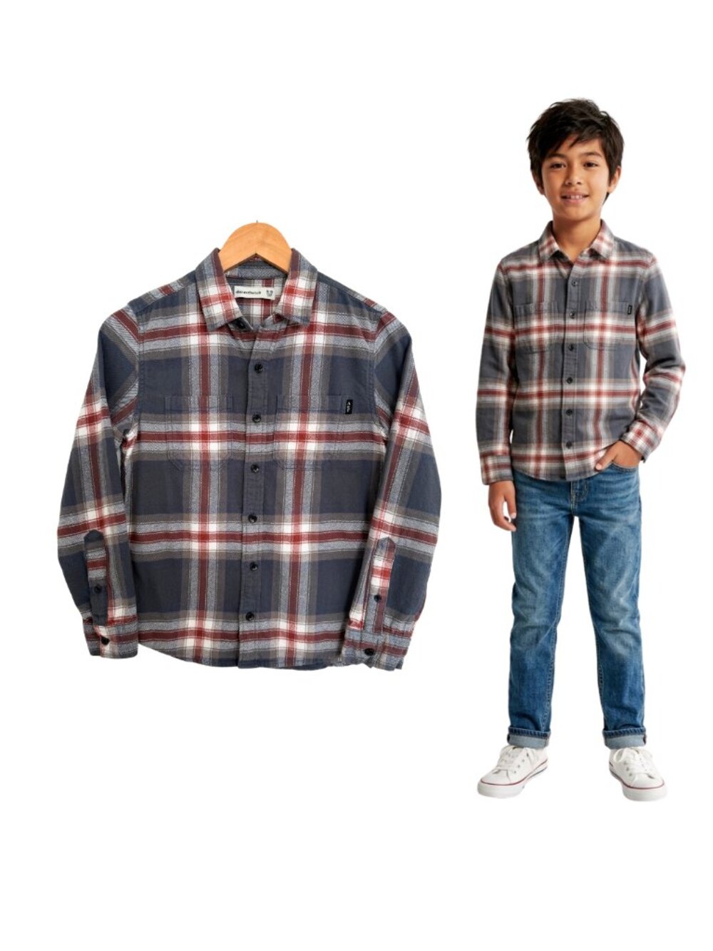Abercrombie Kids Shirt Boys 9/10 Flannel Plaid Gray Rust Brown White Grey